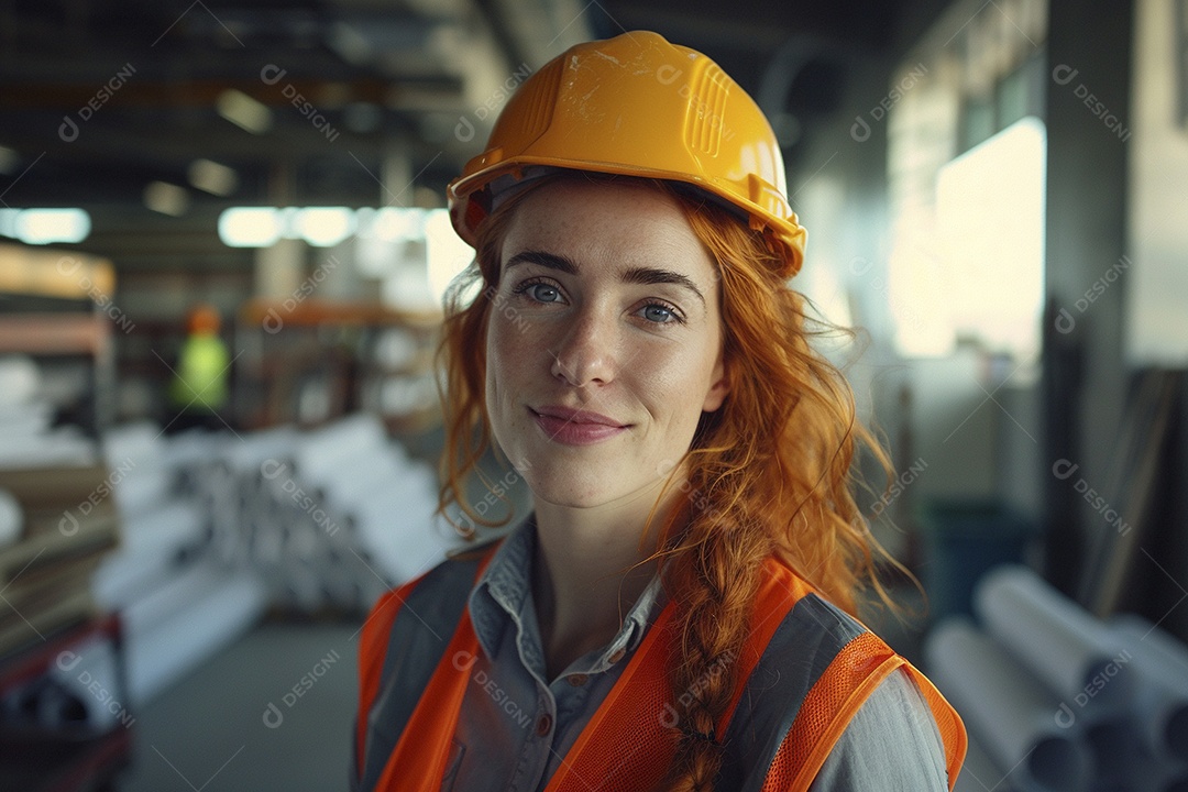 Uma mulher com equipamento de construção, colete de segurança vibrante e sorriso confiante