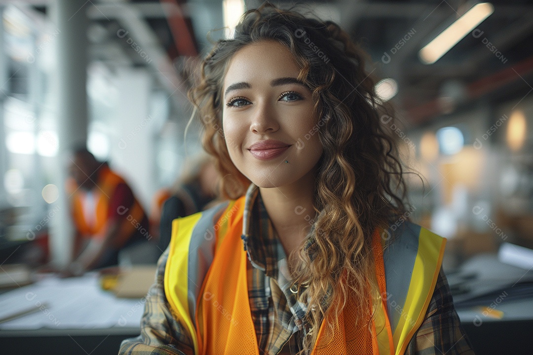 Uma mulher com equipamento de construção, colete de segurança vibrante e sorriso confiante