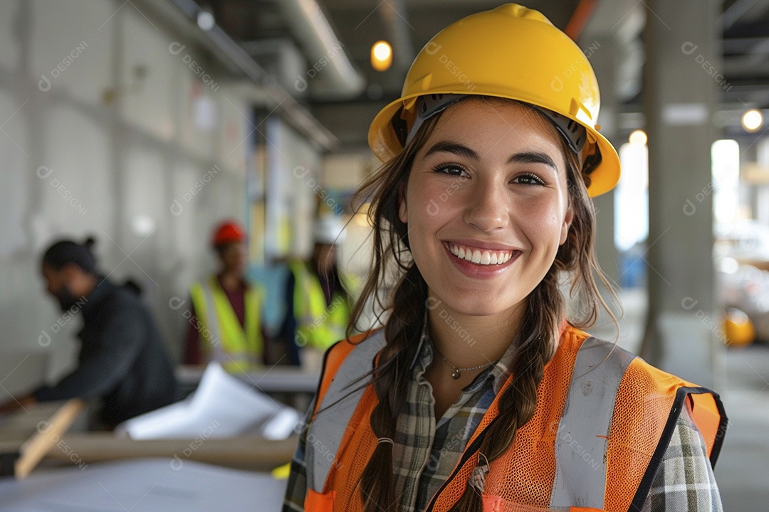 Uma mulher com equipamento de construção, colete de segurança vibrante e sorriso confiante