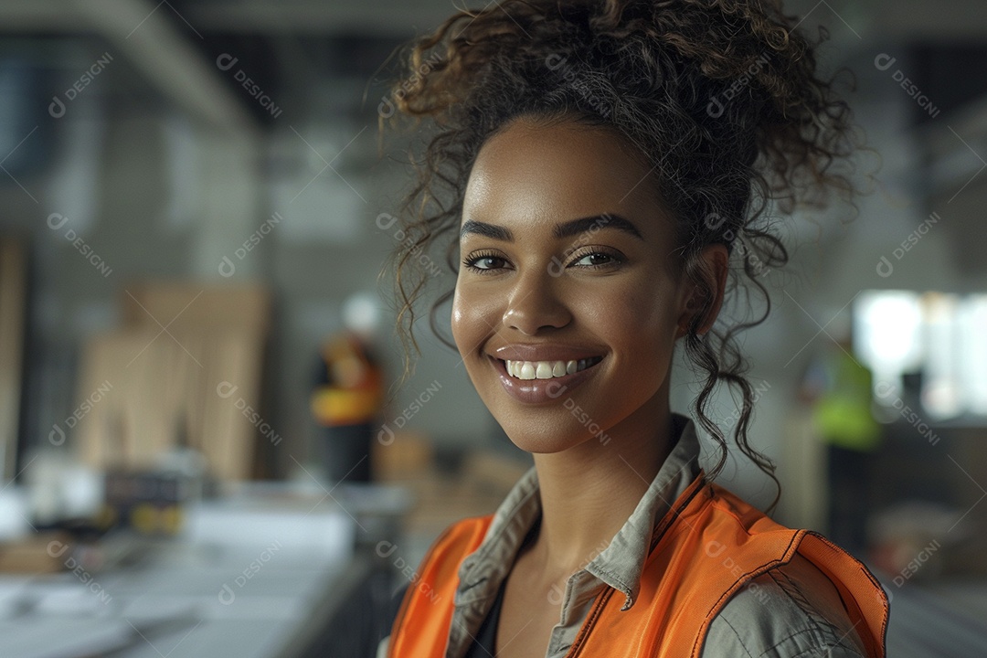 Uma mulher com equipamento de construção, colete de segurança vibrante e sorriso confiante