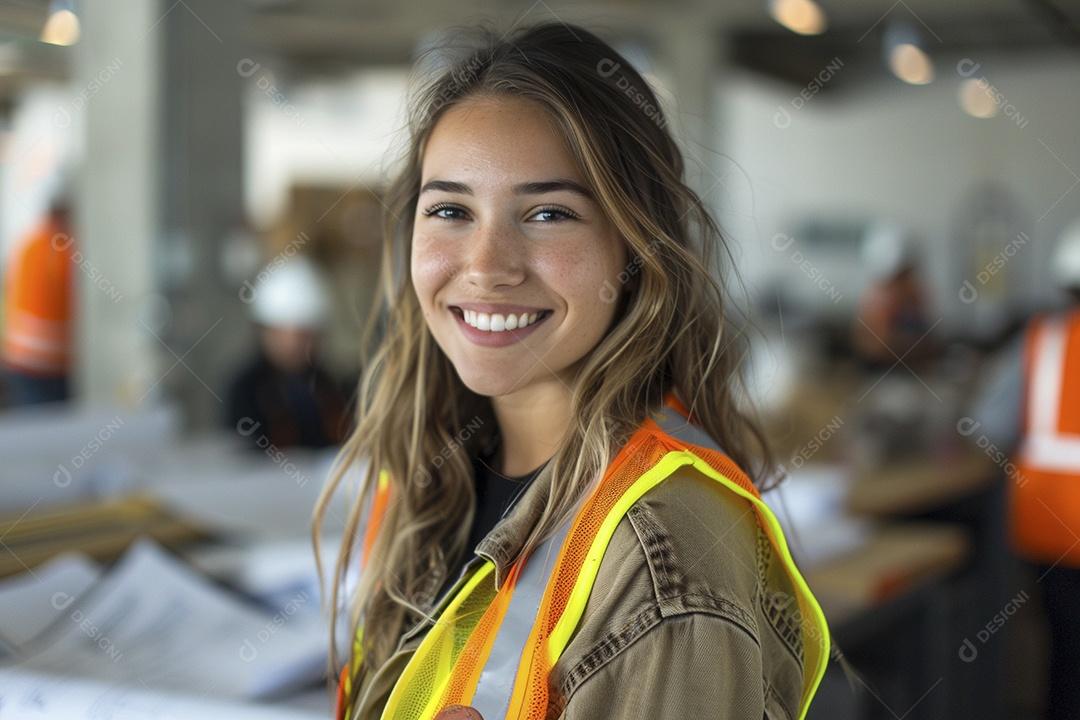 Uma mulher com equipamento de construção, colete de segurança vibrante e sorriso confiante