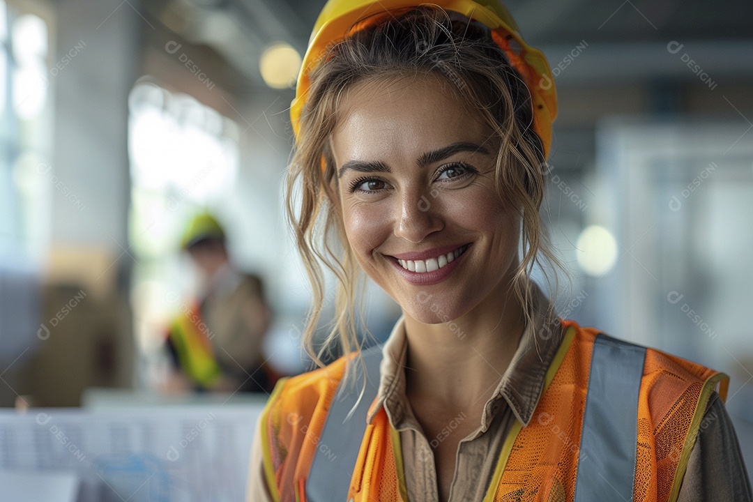 Uma mulher com equipamento de construção, colete de segurança vibrante e sorriso confiante