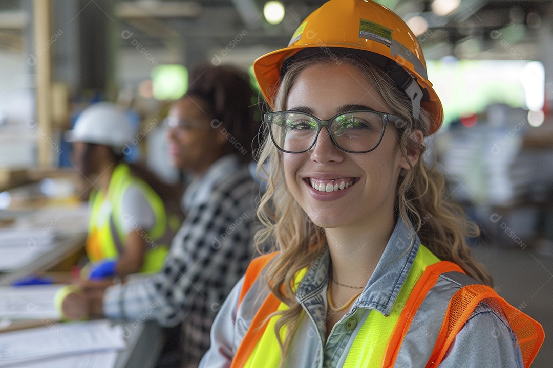 Uma mulher com equipamento de construção, colete de segurança vibrante e sorriso confiante