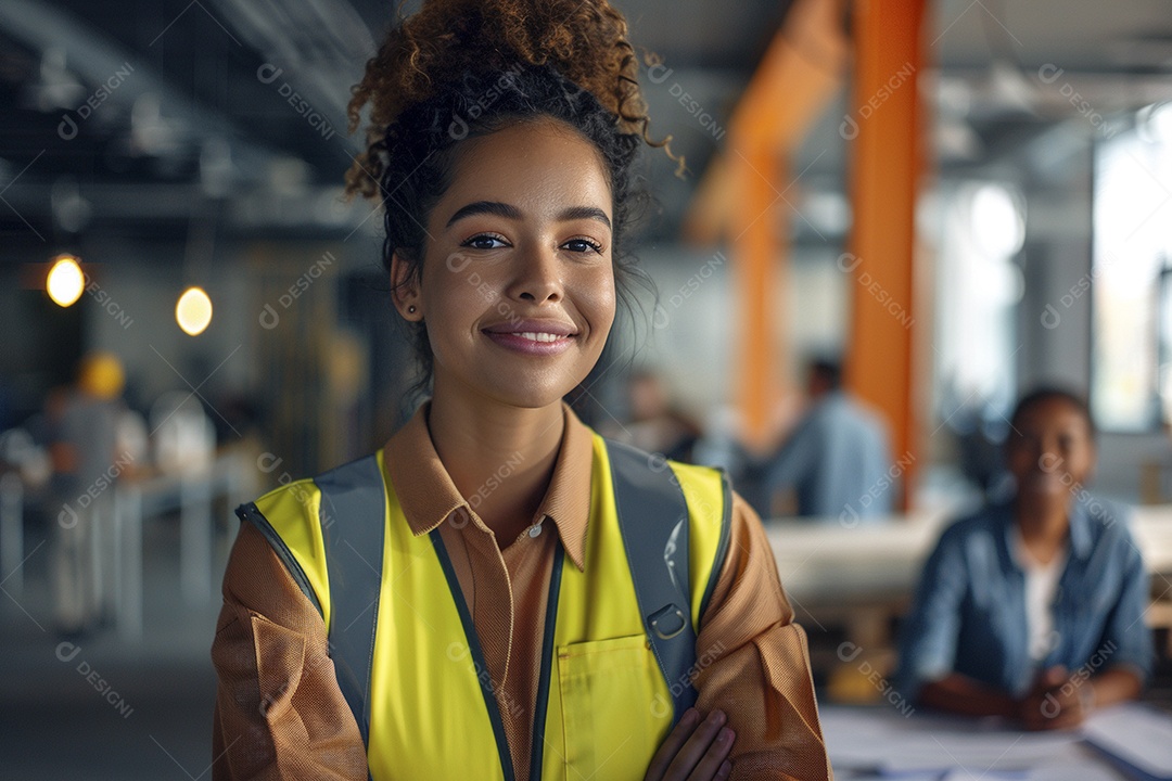 Uma mulher com equipamento de construção, colete de segurança vibrante e sorriso confiante