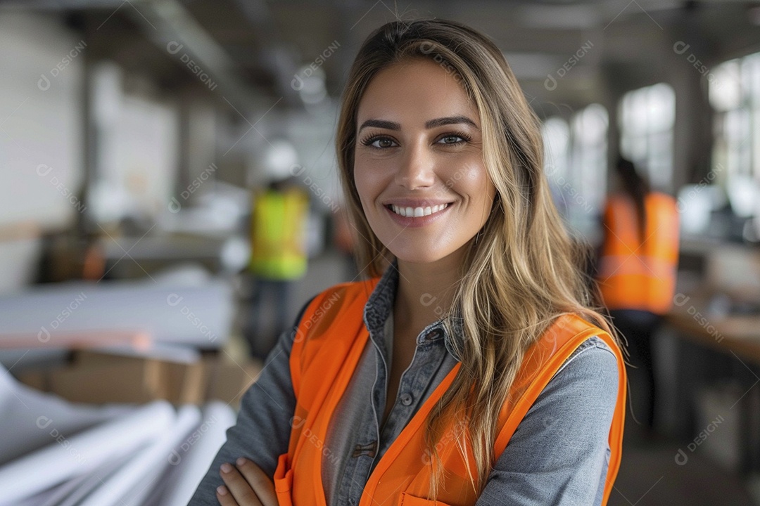 Uma mulher com equipamento de construção, colete de segurança vibrante e sorriso confiante