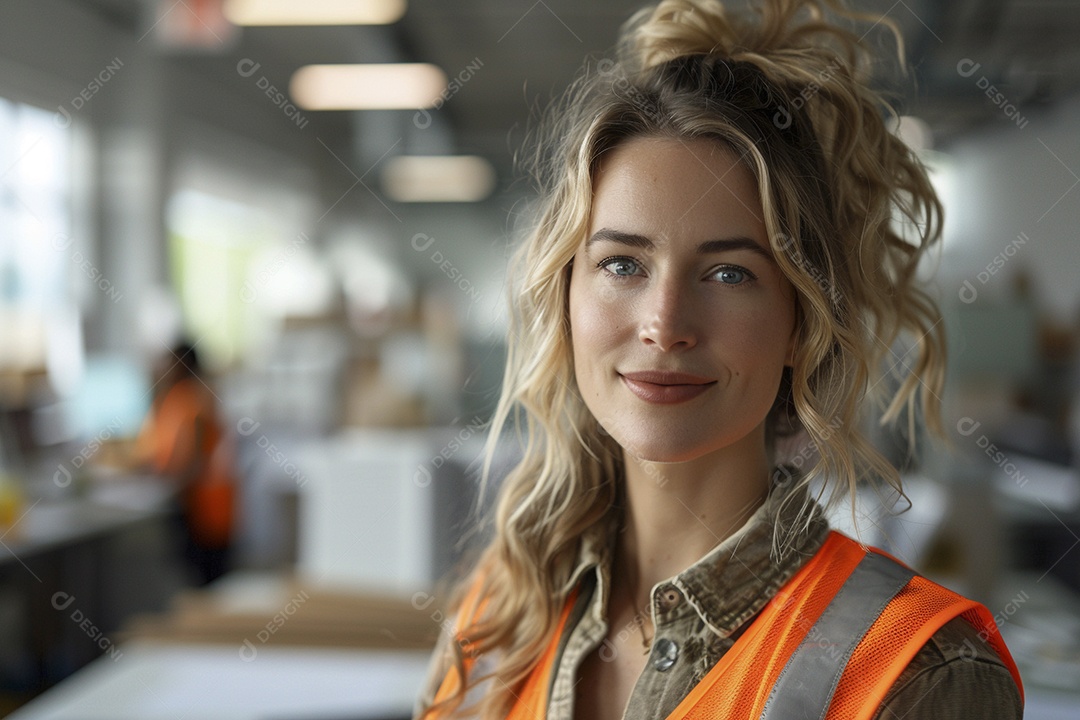 Uma mulher com equipamento de construção, colete de segurança vibrante e sorriso confiante