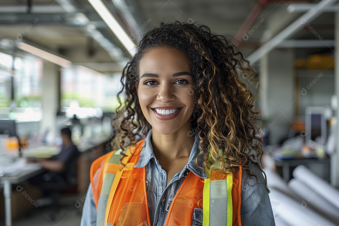 Uma mulher com equipamento de construção, colete de segurança vibrante e sorriso confiante