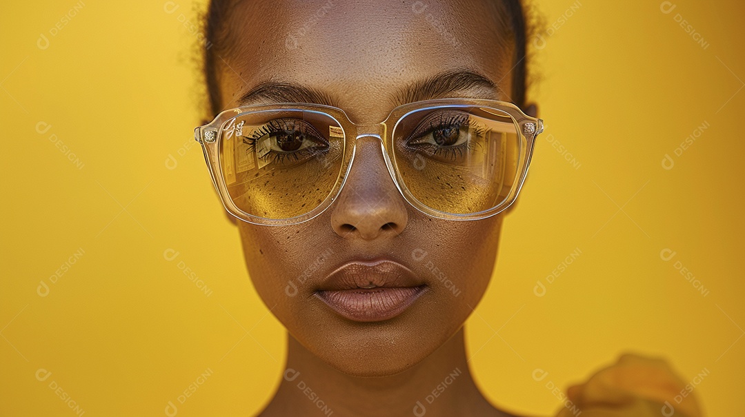 Uma mulher europeia, usando óculos de sol de alta qualidade com armação transparente e lentes pretas