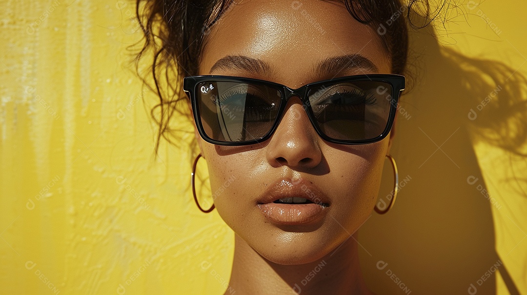 Uma mulher europeia, usando óculos de sol de alta qualidade com armação transparente e lentes pretas