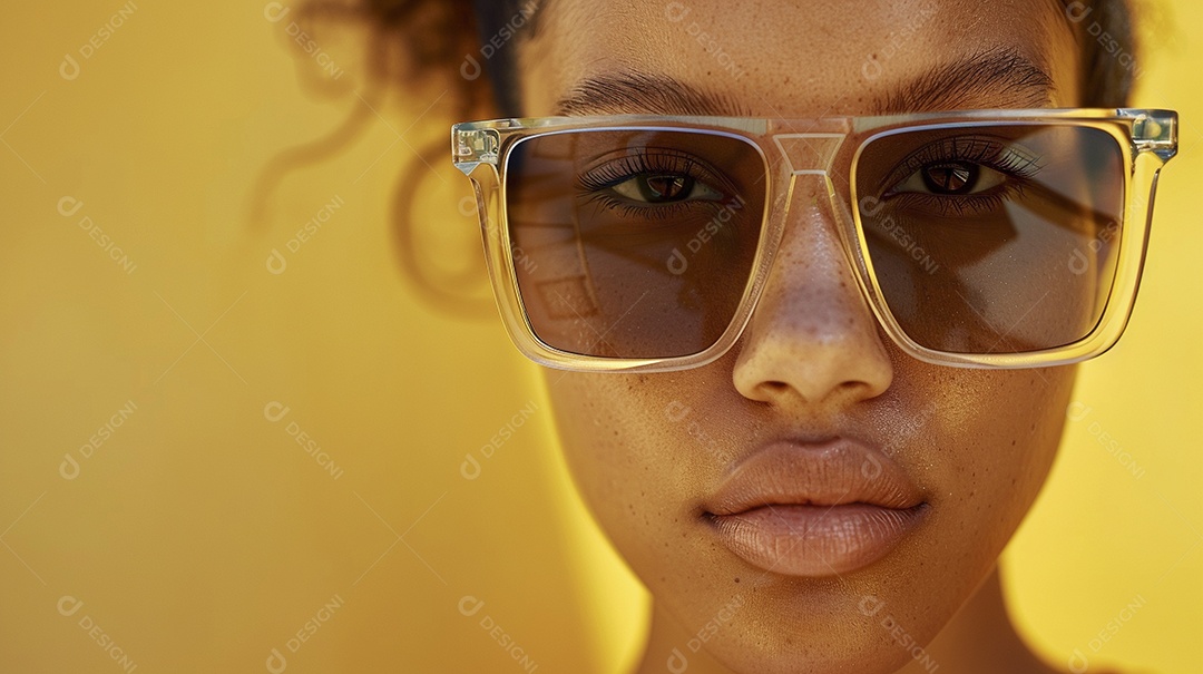 Uma mulher europeia, usando óculos de sol de alta qualidade com armação transparente e lentes pretas