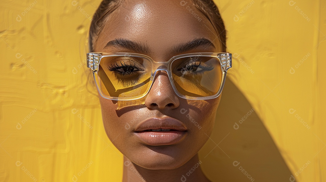 Uma mulher europeia, usando óculos de sol de alta qualidade com armação transparente e lentes pretas