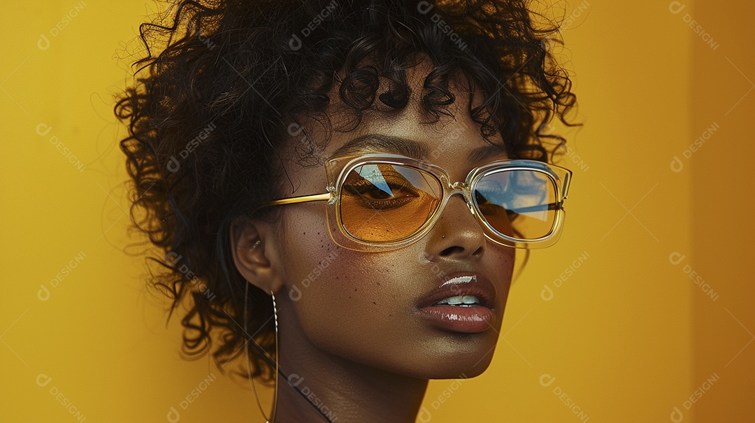 Uma mulher europeia, usando óculos de sol de alta qualidade com armação transparente e lentes pretas