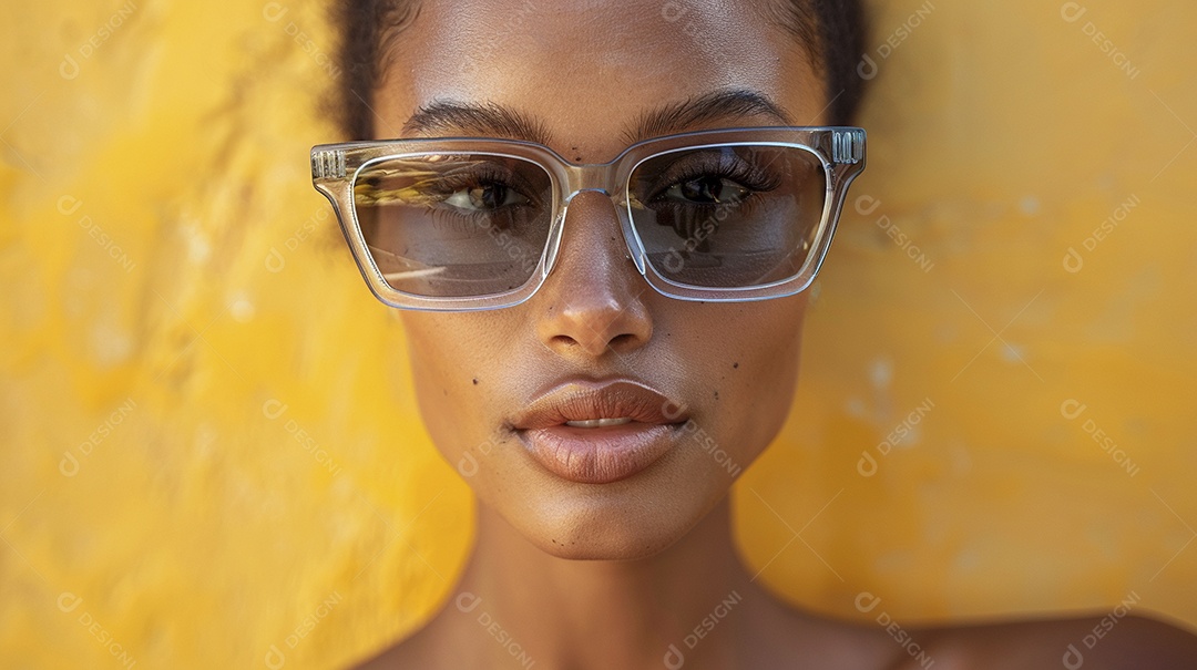 Uma mulher europeia, usando óculos de sol de alta qualidade com armação transparente e lentes pretas