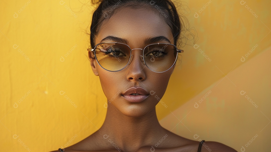 Uma mulher europeia, usando óculos de sol de alta qualidade com armação transparente e lentes pretas