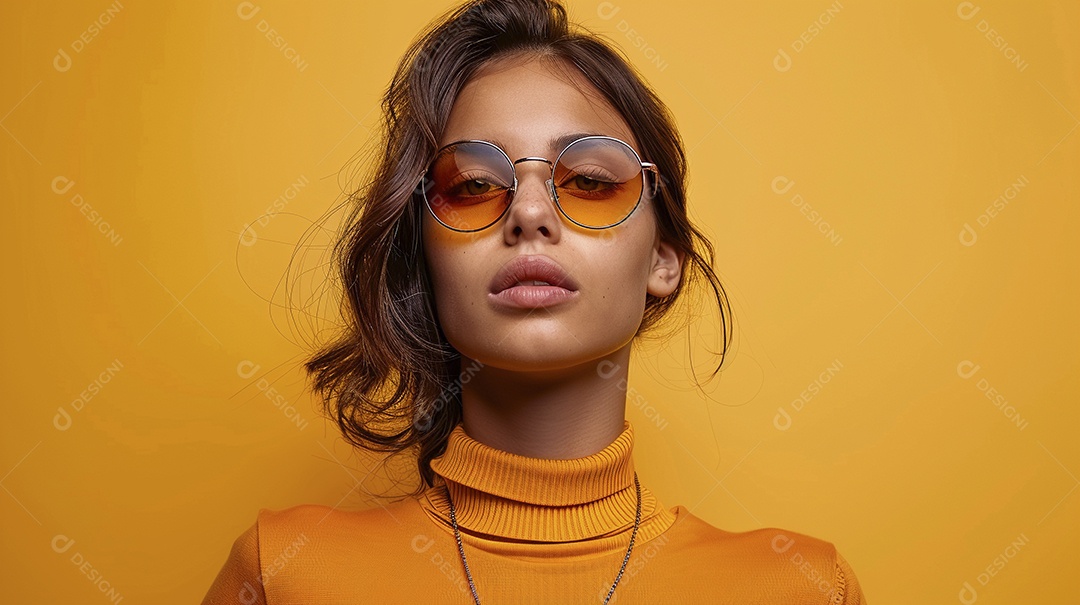 Uma mulher europeia, usando óculos de sol de alta qualidade com armação transparente e lentes pretas