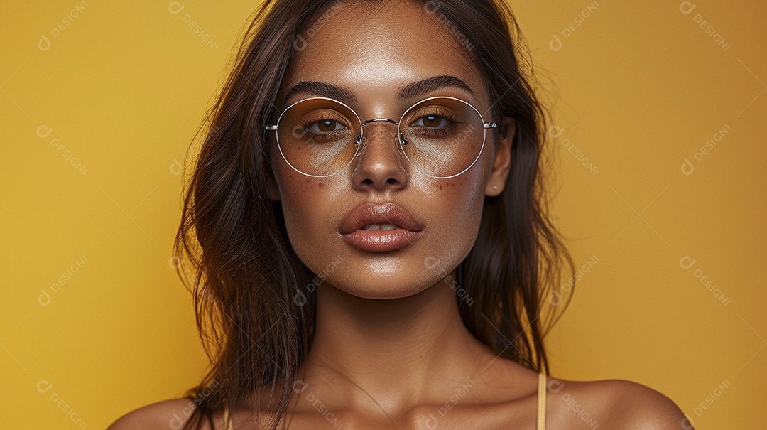 Uma mulher europeia, usando óculos de sol de alta qualidade com armação transparente e lentes pretas