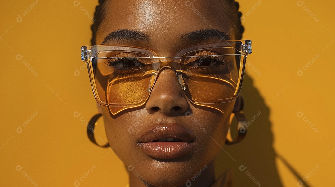 Uma mulher europeia, usando óculos de sol de alta qualidade com armação transparente e lentes pretas