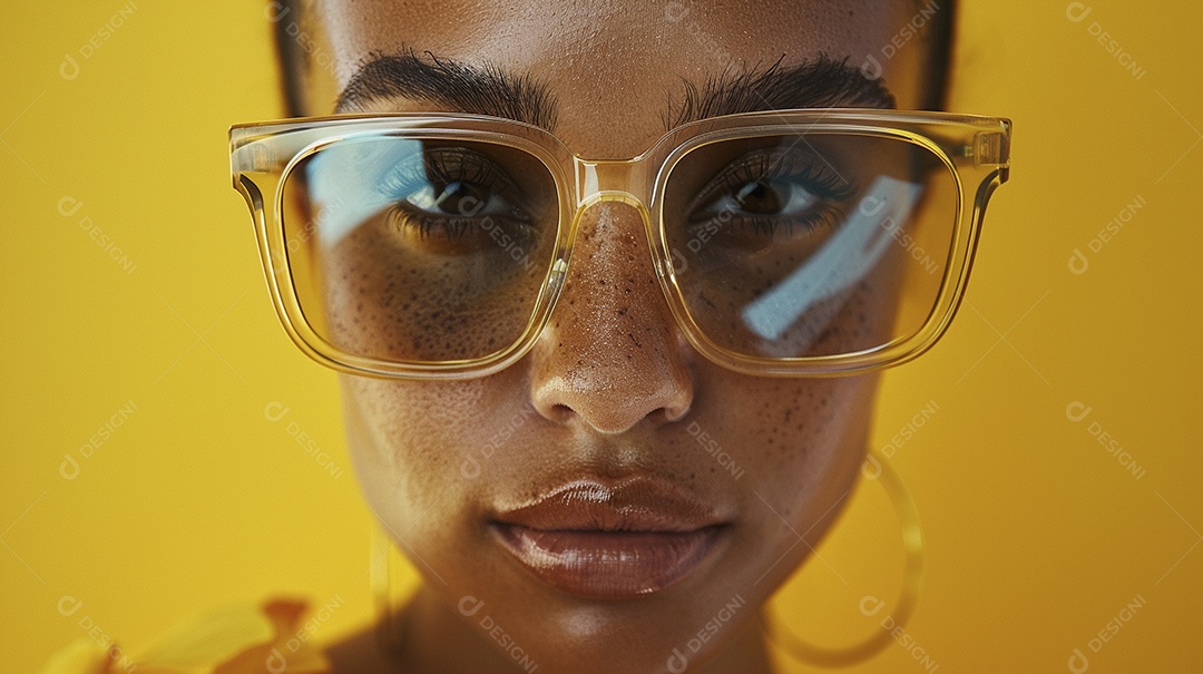 Uma mulher europeia, usando óculos de sol de alta qualidade com armação transparente e lentes pretas