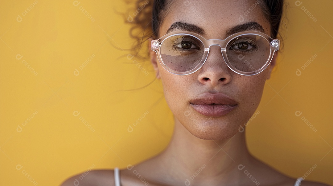 Uma mulher europeia, usando óculos de sol de alta qualidade com armação transparente e lentes pretas