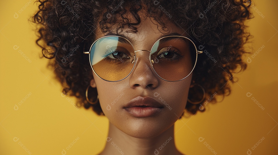 Uma mulher europeia, usando óculos de sol de alta qualidade com armação transparente e lentes pretas