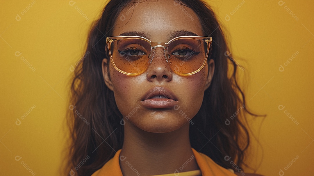 Uma mulher europeia, usando óculos de sol de alta qualidade com armação transparente e lentes pretas