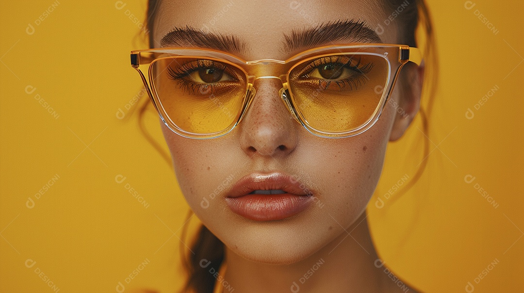 Uma mulher europeia, usando óculos de sol de alta qualidade com armação transparente e lentes pretas