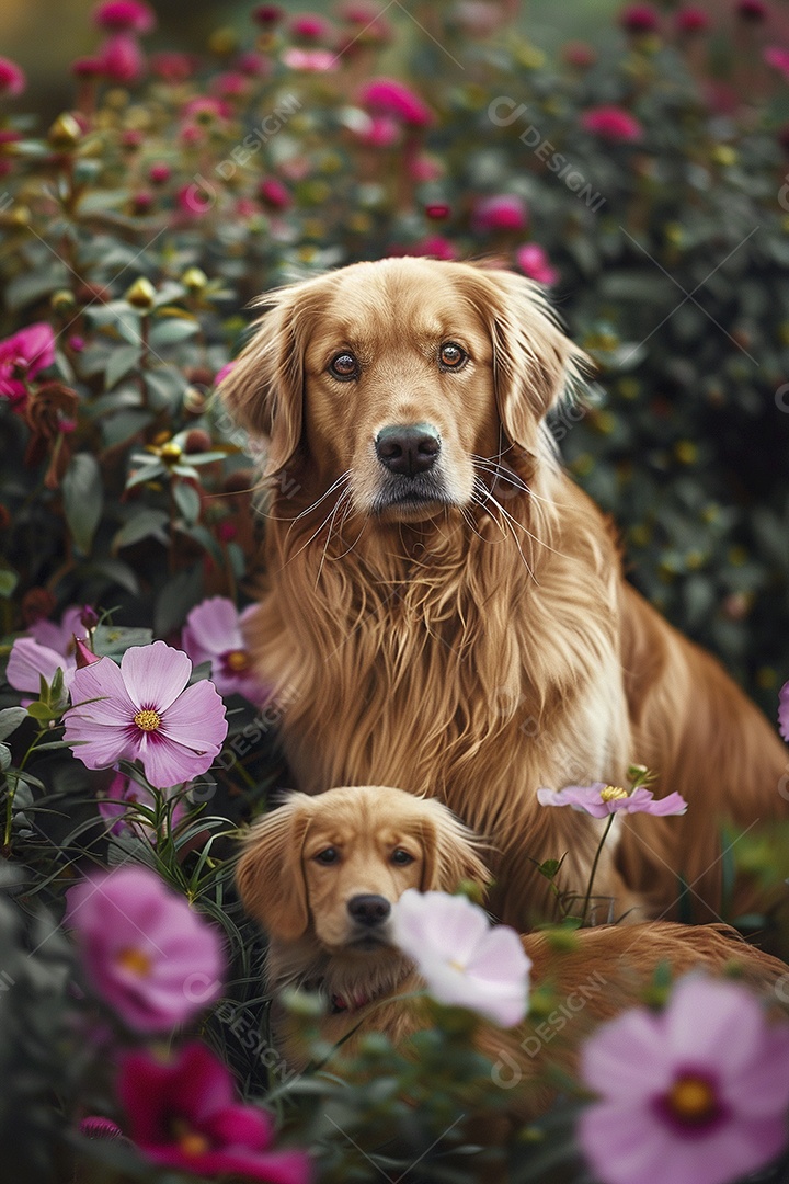 Amor animal, gato e cachorro, fundo de flor