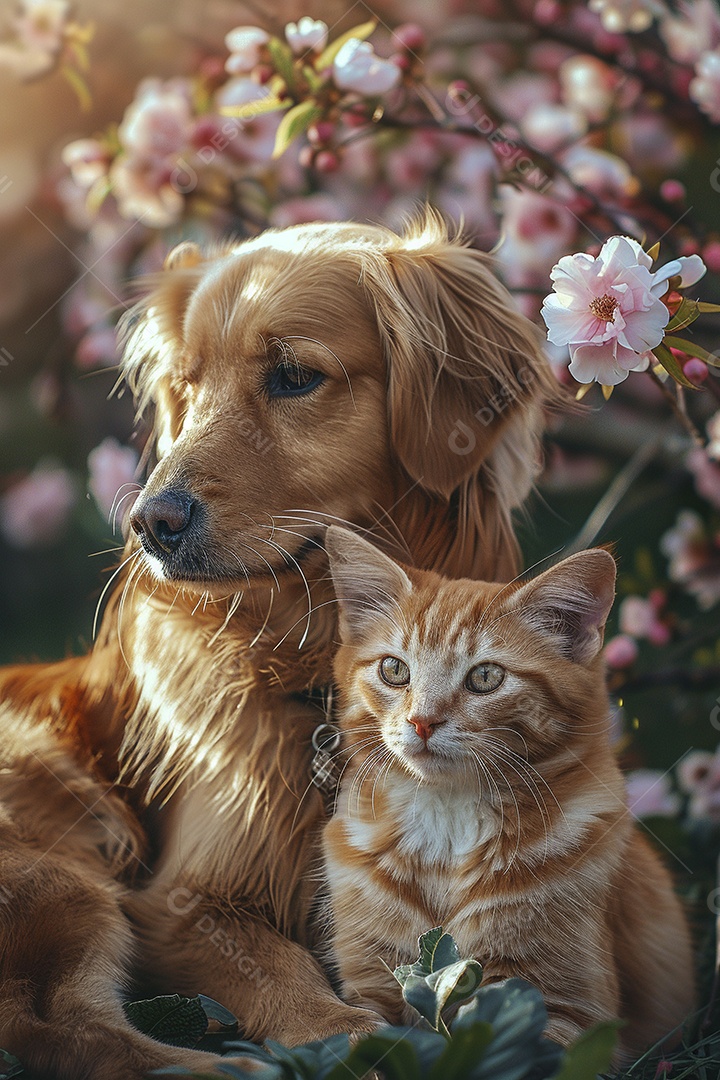 Amor animal, gato e cachorro, fundo de flor