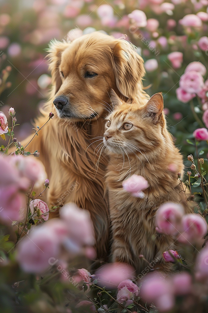 Amor animal, gato e cachorro, fundo de flor