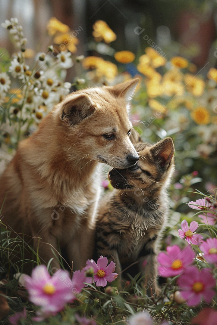 Amor animal, gato e cachorro, fundo de flor