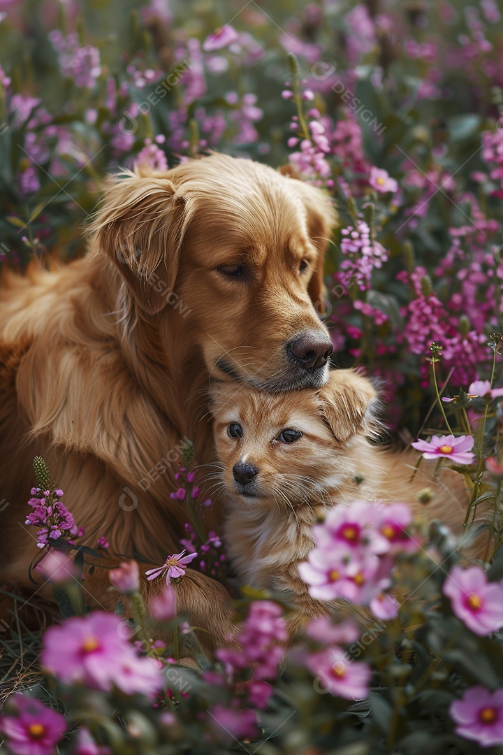 Amor animal, gato e cachorro, fundo de flor