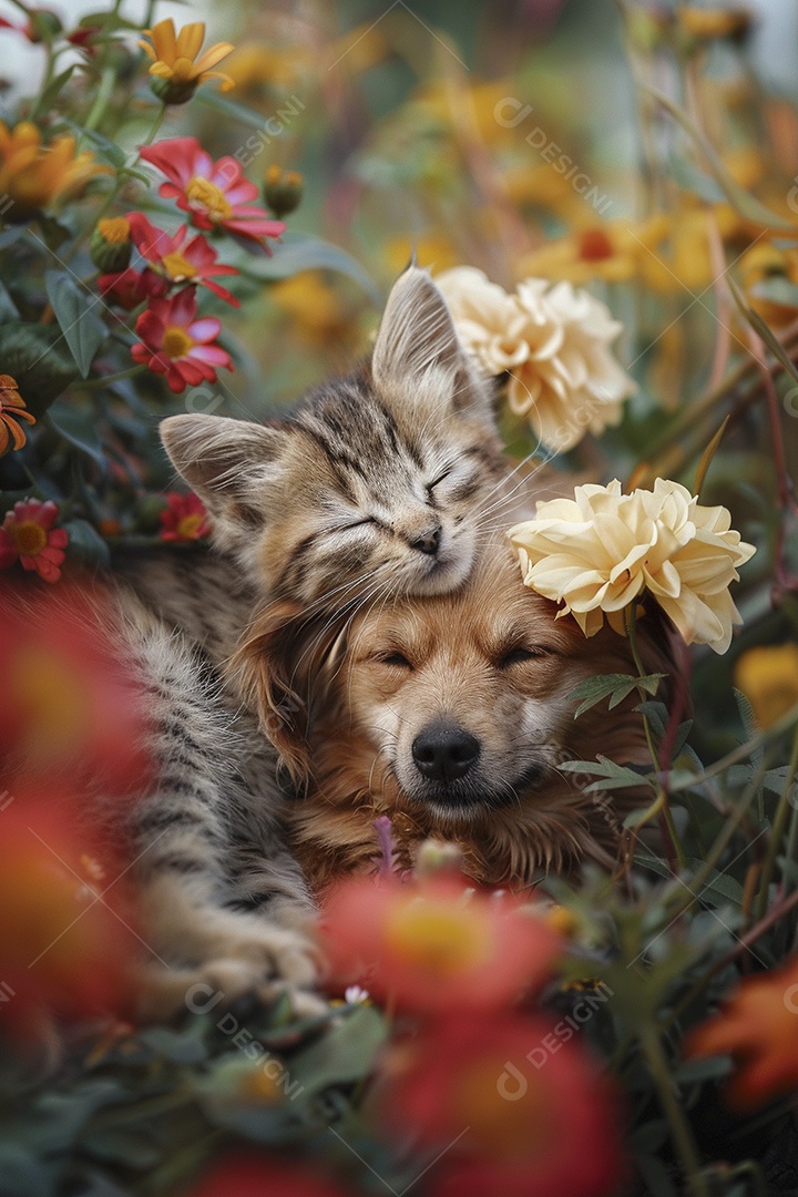 Amor animal, gato e cachorro, fundo de flor