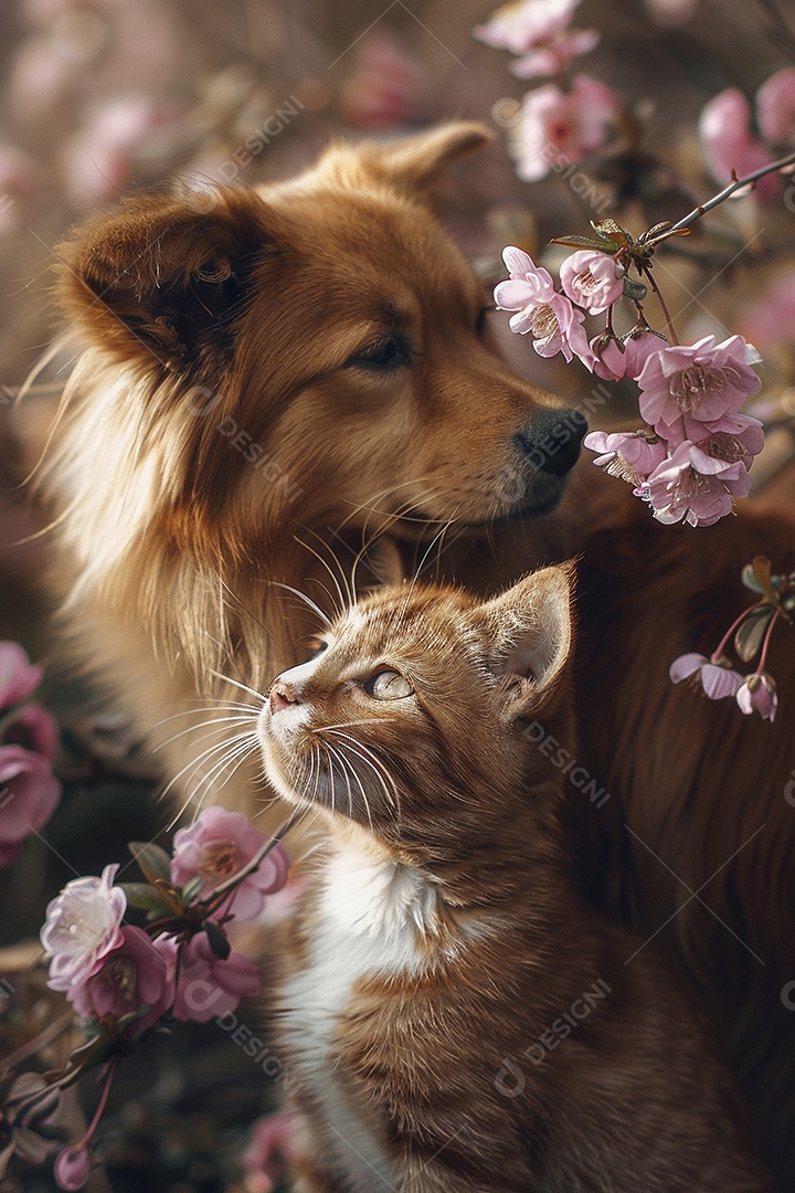 Amor animal, gato e cachorro, fundo de flor