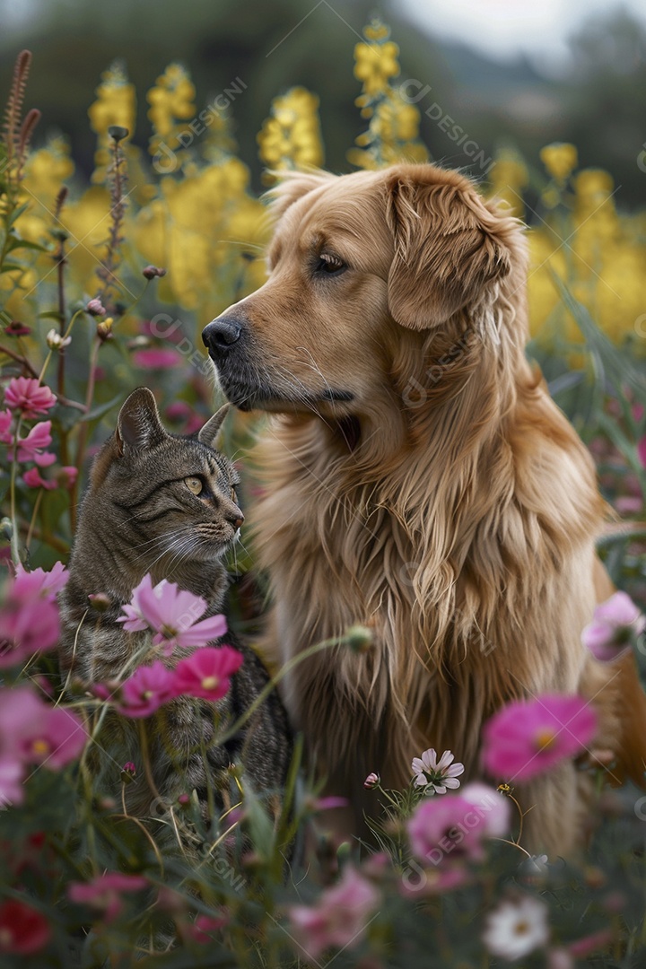 Amor animal, gato e cachorro, fundo de flor