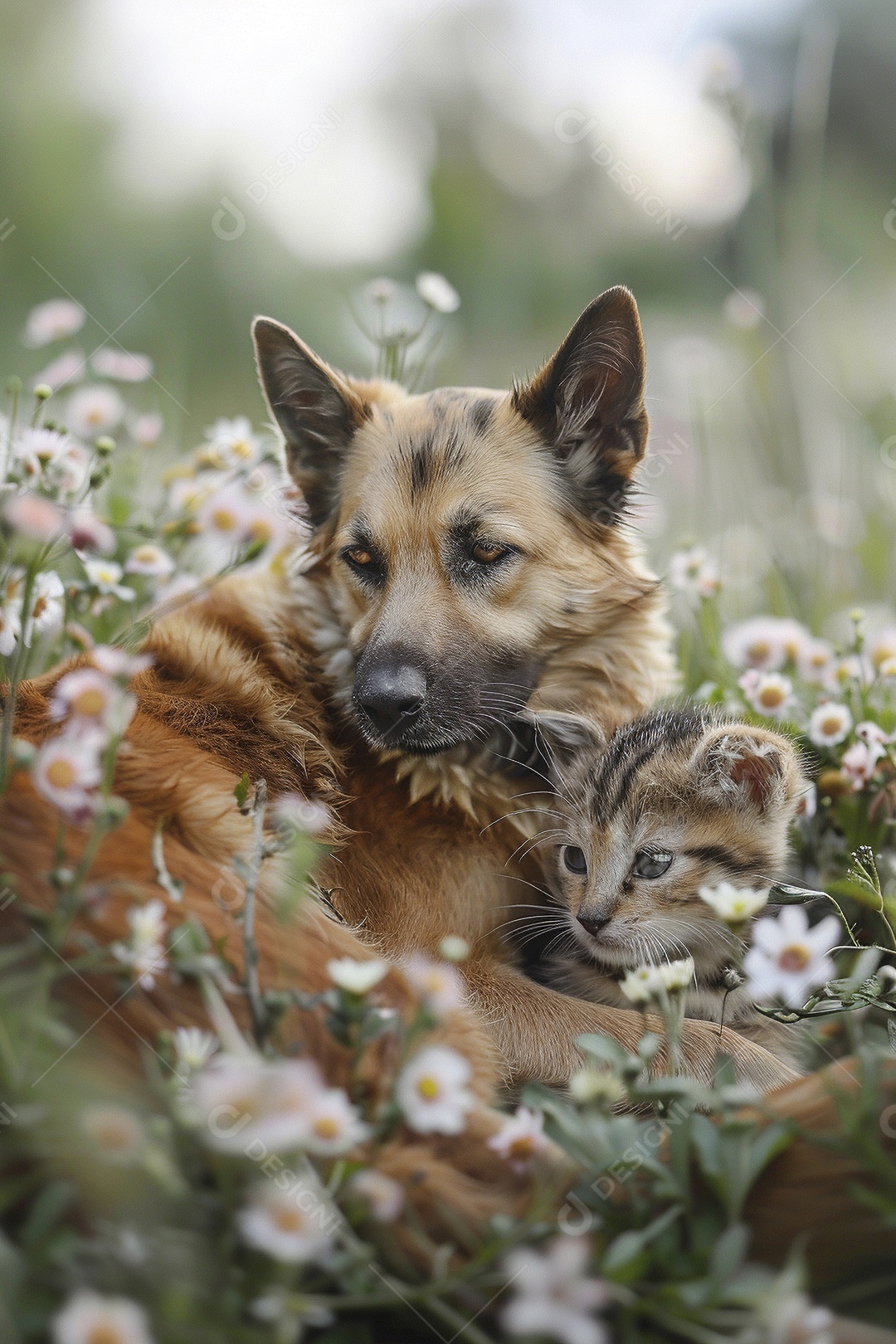Amor animal, gato e cachorro, fundo de flor