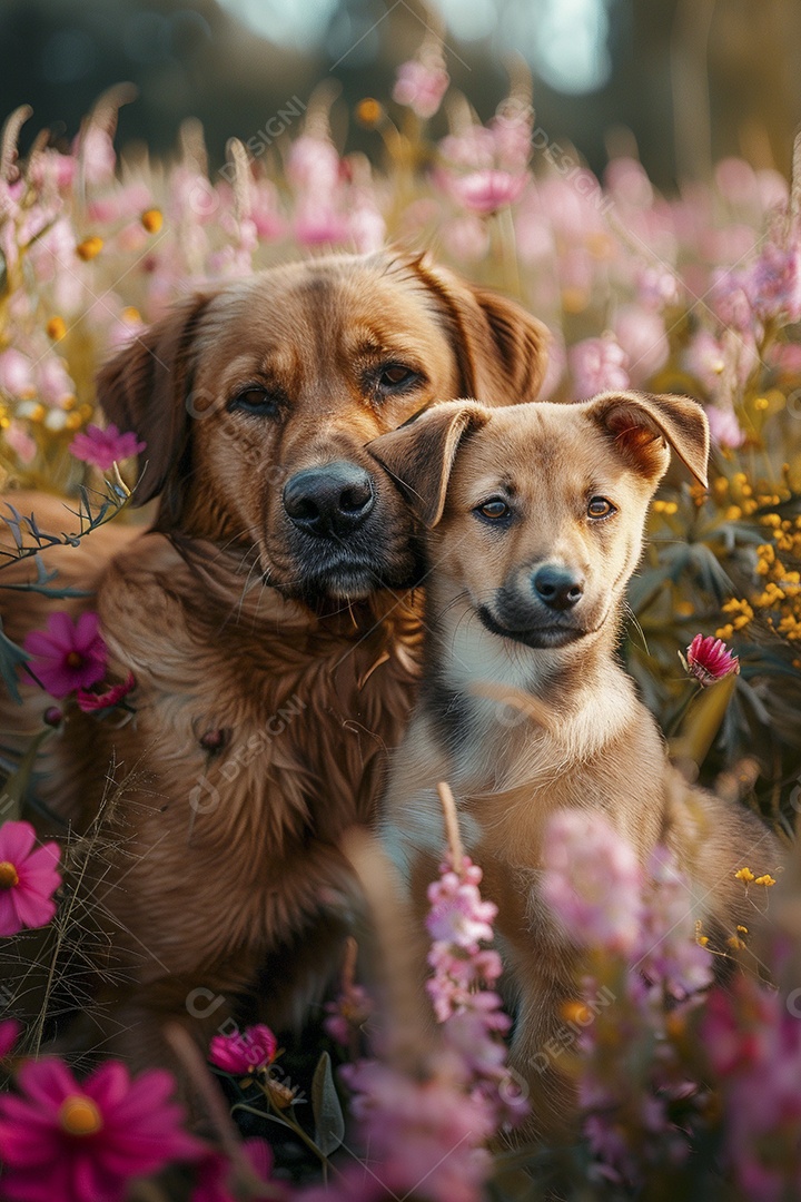 Amor animal, gato e cachorro, fundo de flor