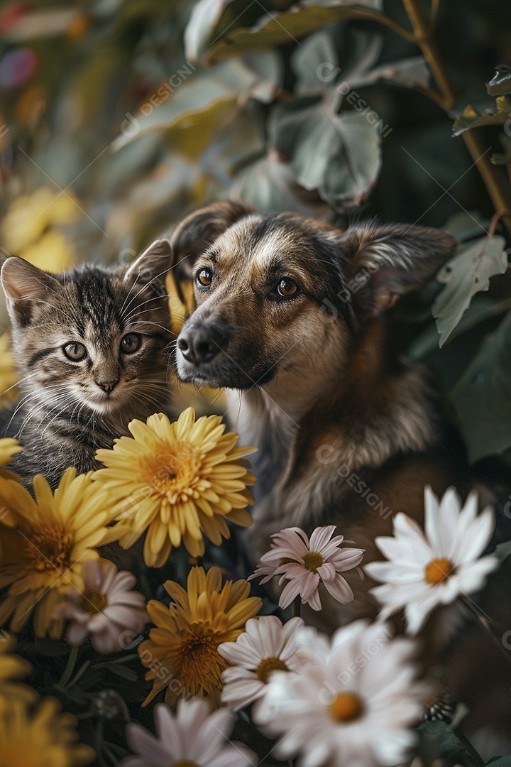 Amor animal, gato e cachorro, fundo de flor