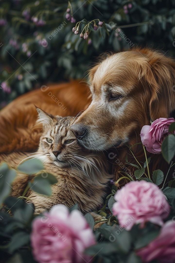 Amor animal, gato e cachorro, fundo de flor
