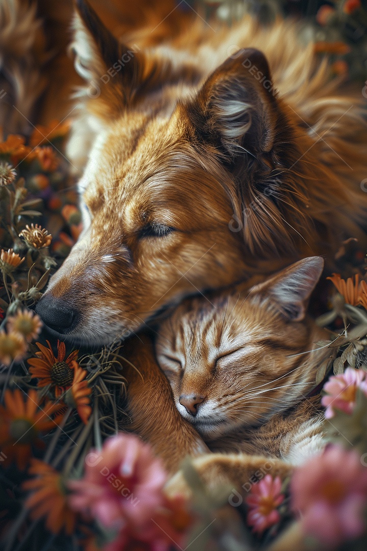 Amor animal, gato e cachorro, fundo de flor