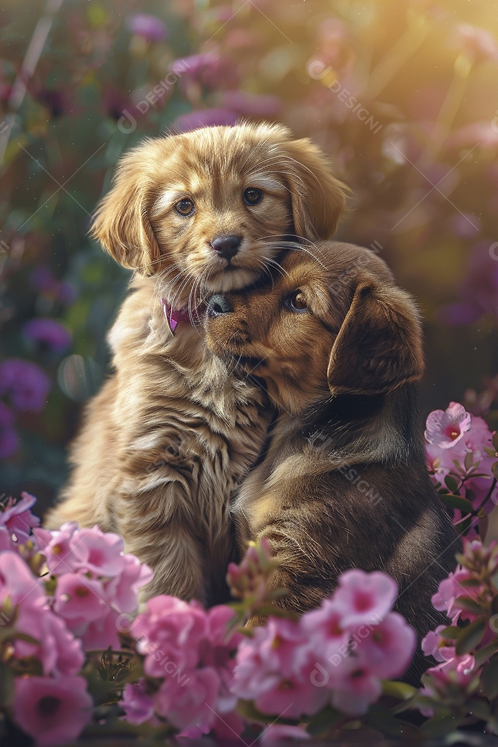 Amor animal, gato e cachorro, fundo de flor