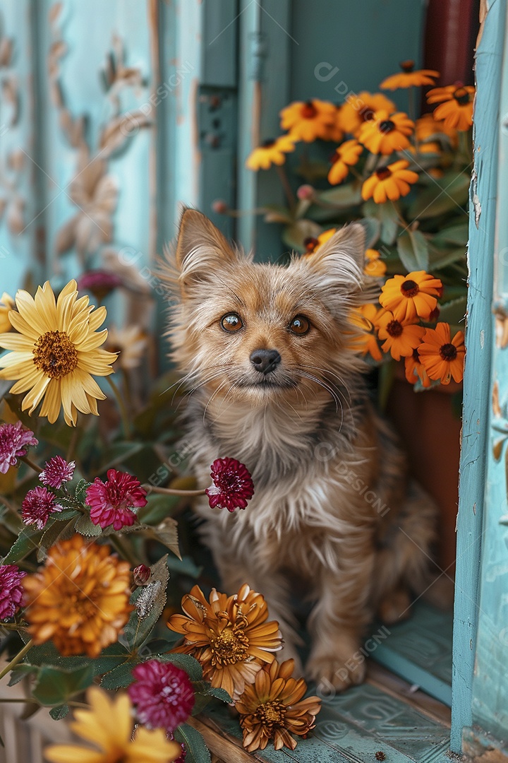 Amor animal, gato e cachorro, fundo de flor