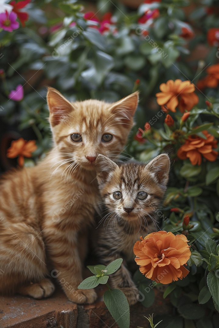 Amor animal, gato e cachorro, fundo de flor