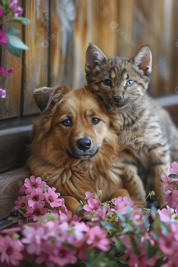 Amor animal, gato e cachorro, fundo de flor