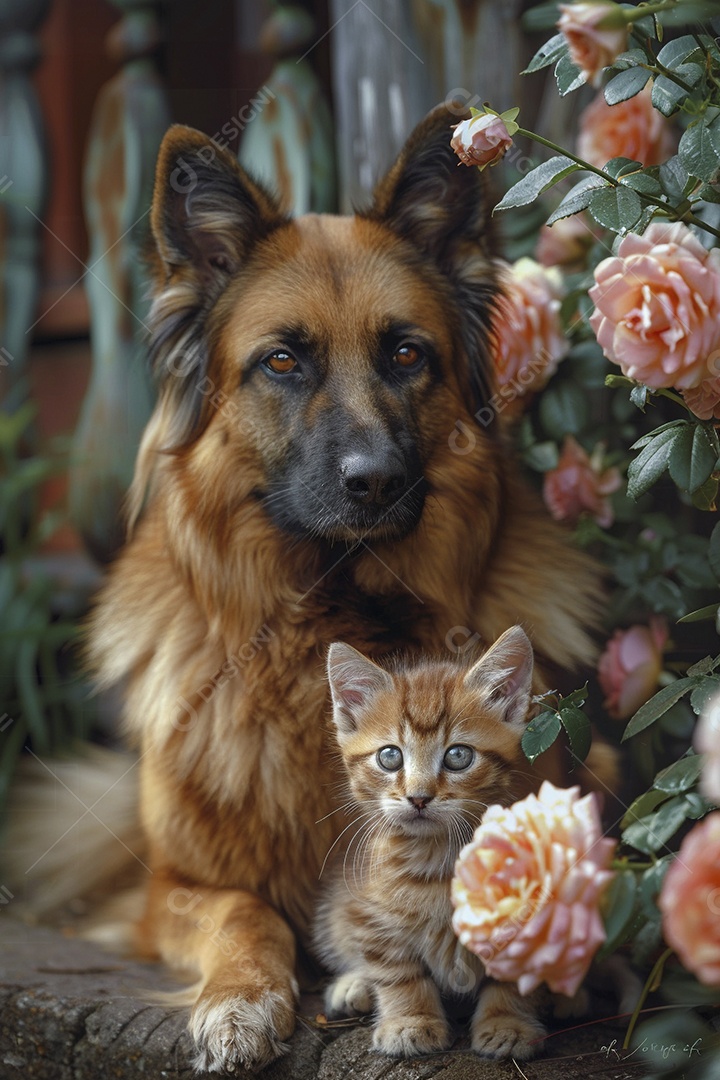 Amor animal, gato e cachorro, fundo de flor