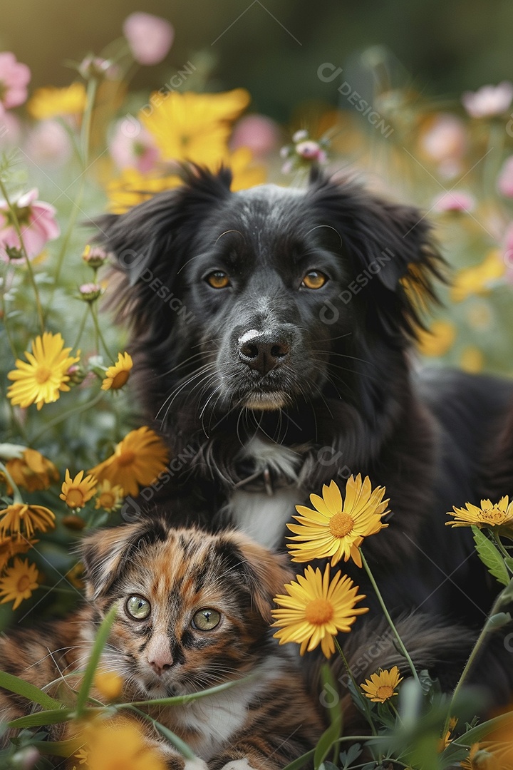 Amor animal, gato e cachorro, fundo de flor
