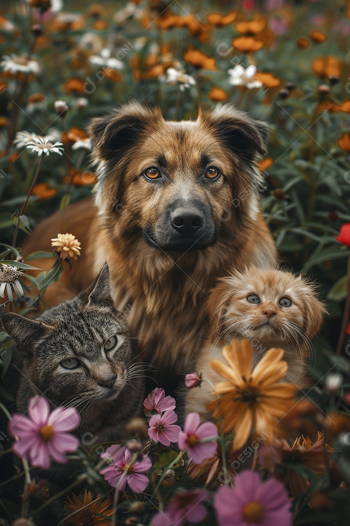 Amor animal, gato e cachorro, fundo de flor