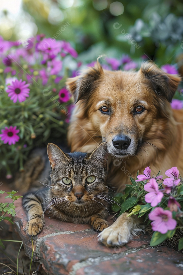 Amor animal, gato e cachorro, fundo de flor