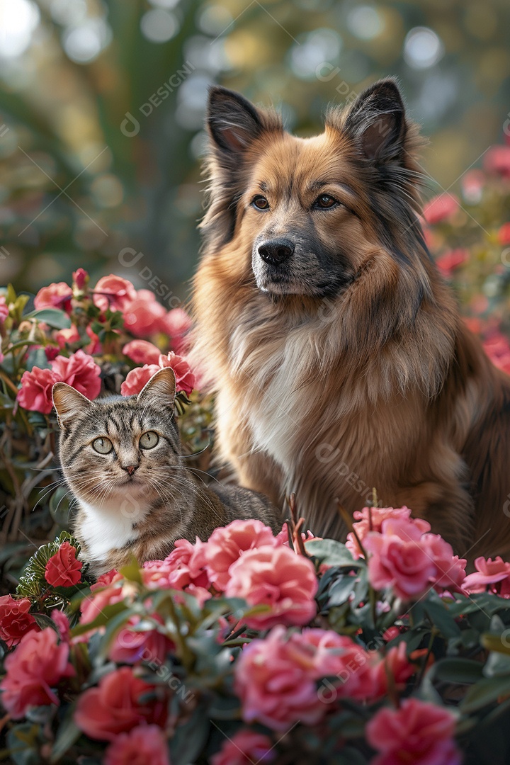Amor animal, gato e cachorro, fundo de flor