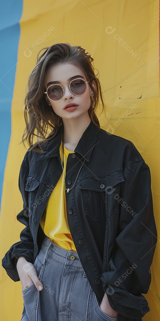 Linda jovem elegante, fundo liso colorido