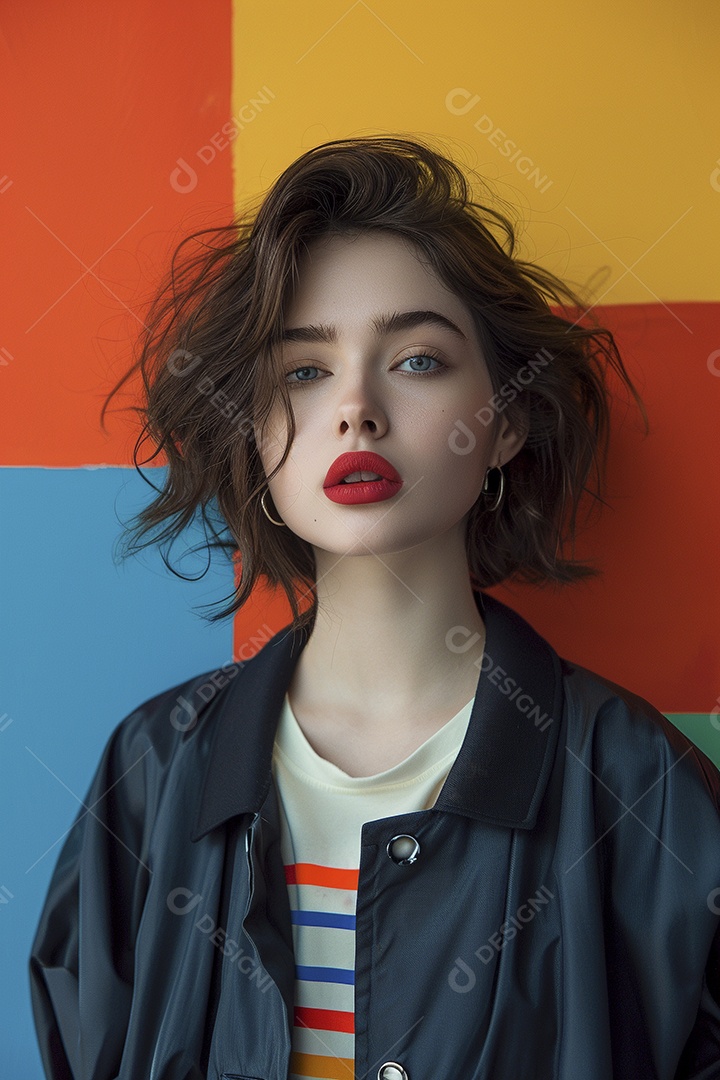 Linda jovem elegante, fundo liso colorido